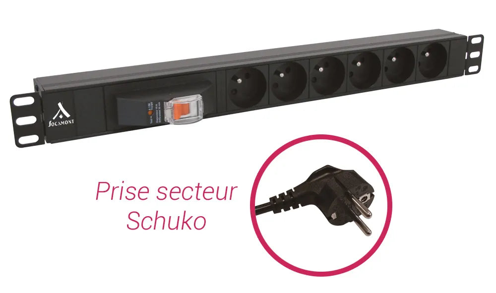 Bandeau PDU 19'' 1U, 6 prises FR avec disjoncteur 16A et différentiel 30mA