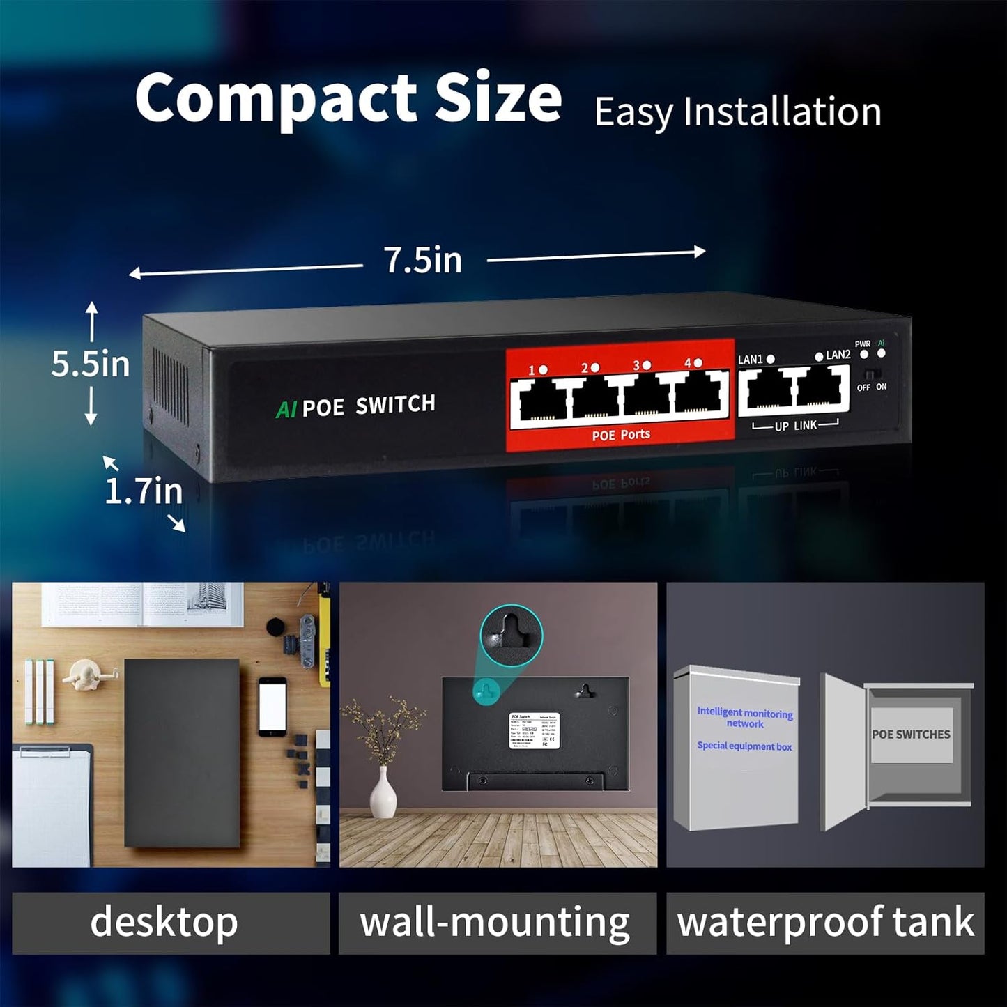 SWITCH  PoE IA , 52 V 52 W (4 ports POE + 2 liaisons montantes) 100 Mbit/s, 802.3af/at,