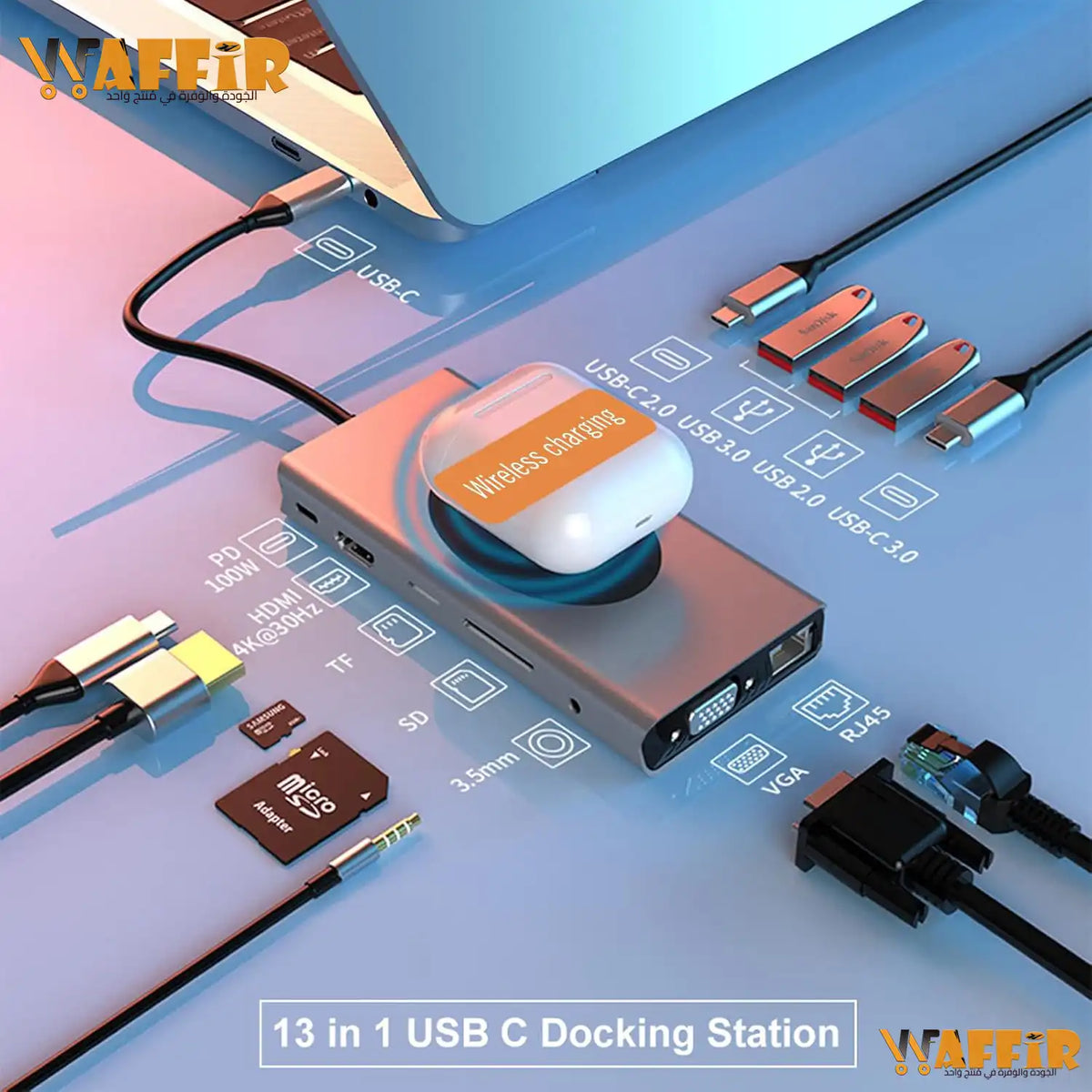 Adaptateur Hub 13 in 1 TYPE C Station de charge sans fil Station d’accueil 13 en 1, USB C, HDMI, Ethernet, VGA, 5 USB et SD/TF, 100 W PD