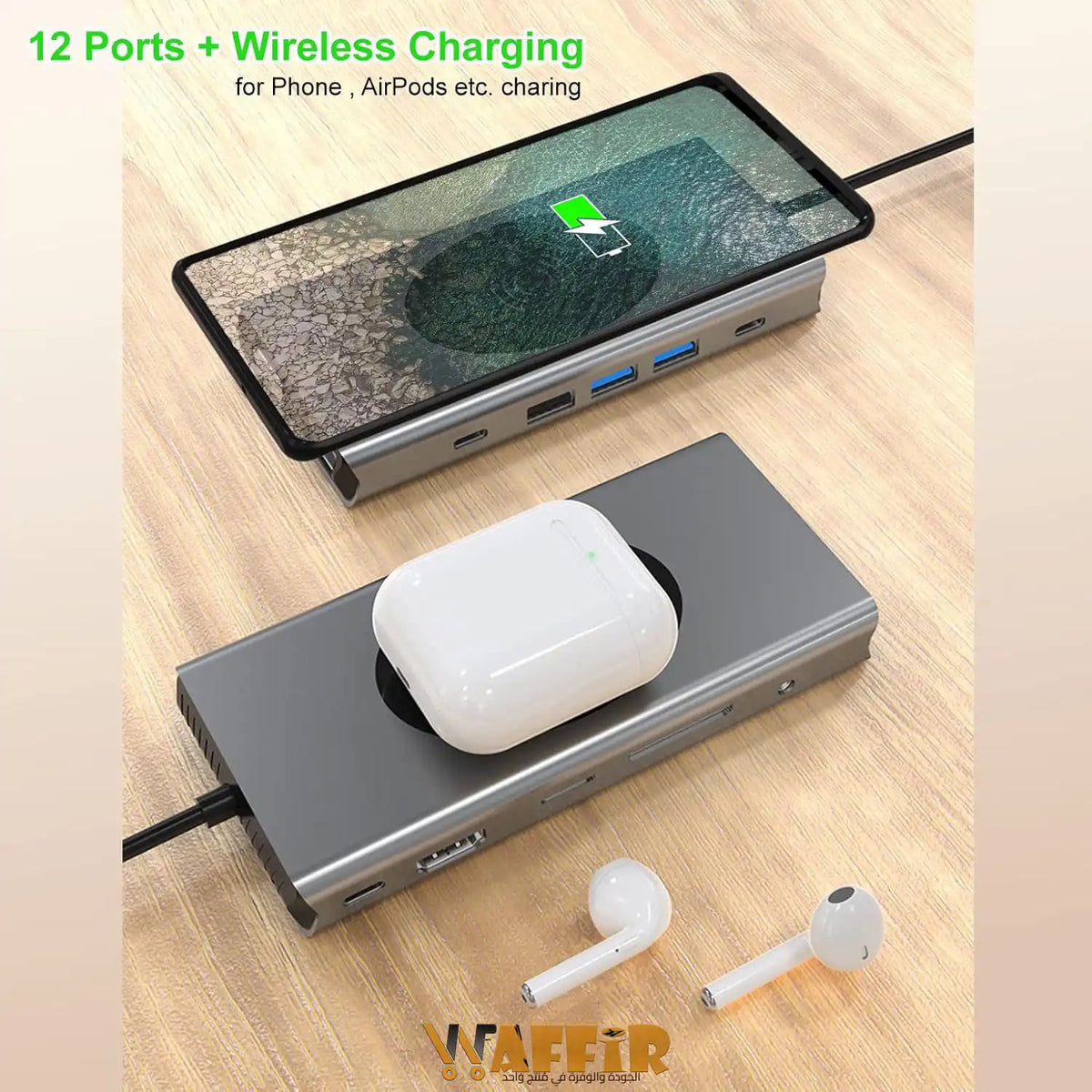 Adaptateur Hub 13 in 1 TYPE C Station de charge sans fil Station d’accueil 13 en 1, USB C, HDMI, Ethernet, VGA, 5 USB et SD/TF, 100 W PD